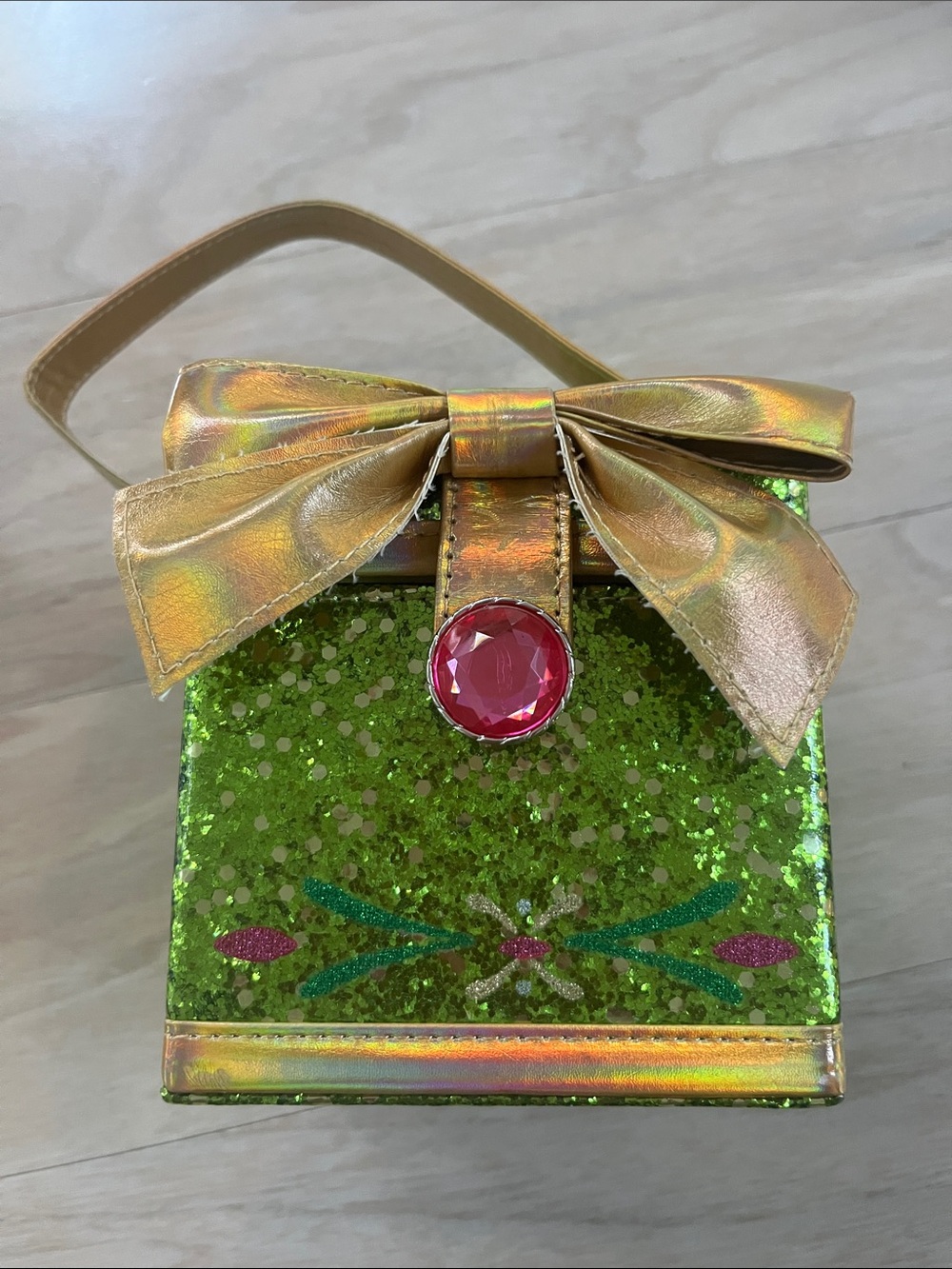 Disney Princess Anna: Gold Bow Green Glitter Mini Handbag with Pink Jewel Accent